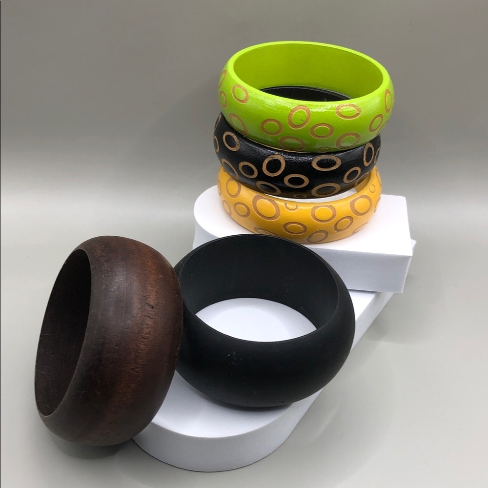 Vintage bundle 5 wooden bangle bracelets mix stackable statement layer boho .